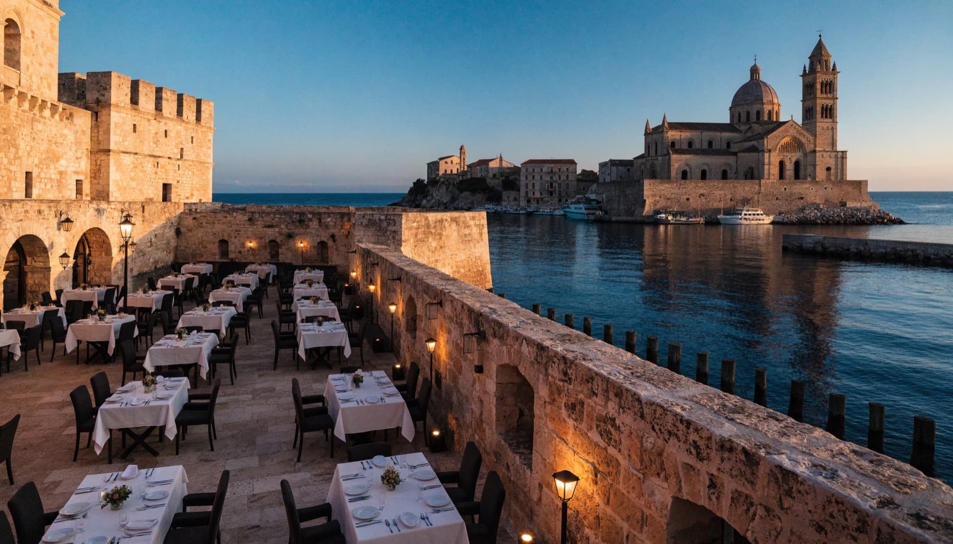 Il fortino di Trani sul mare al tramonto